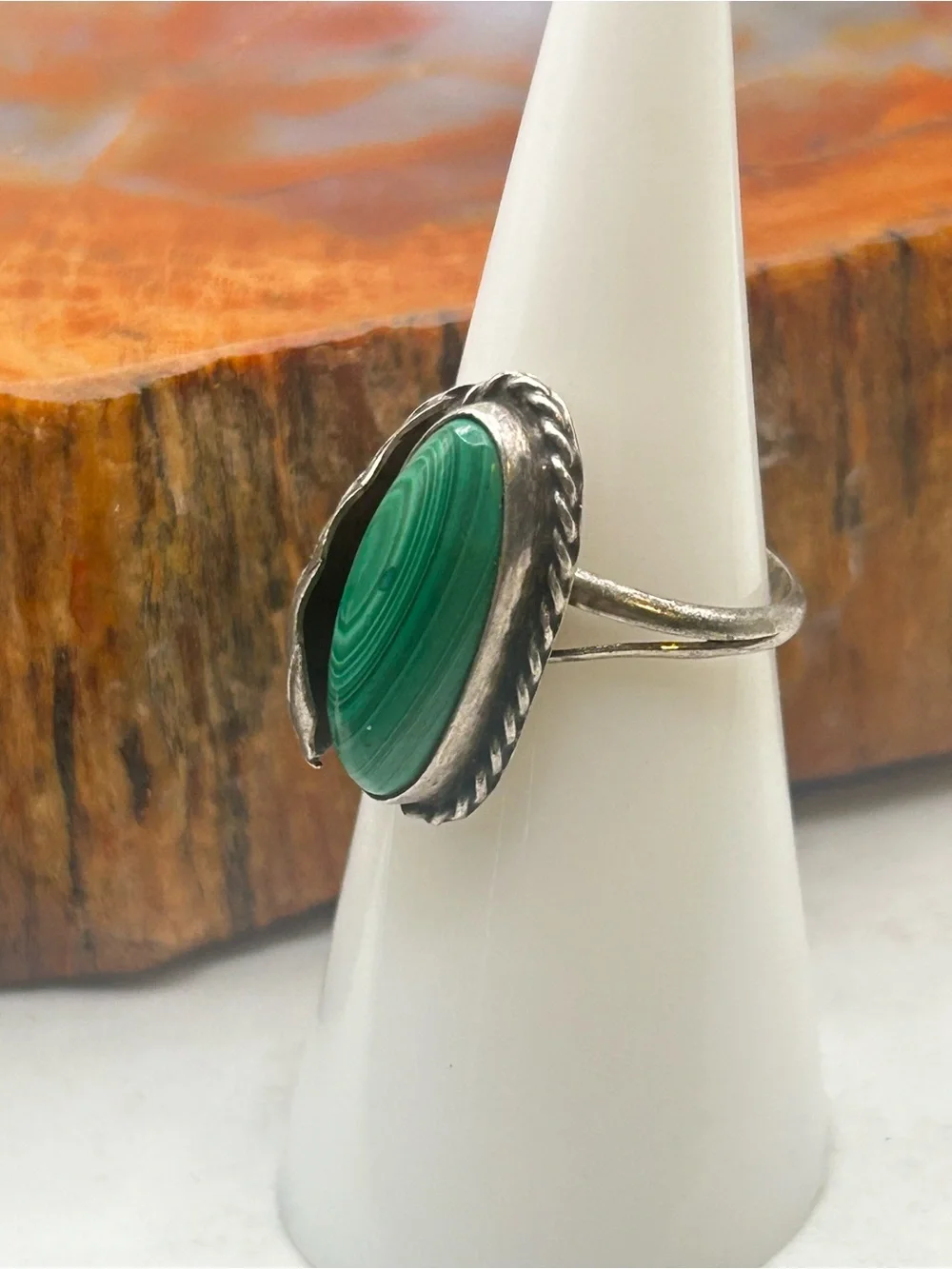 Vintage Sterling Silver Green Malachite Ring - Size 5